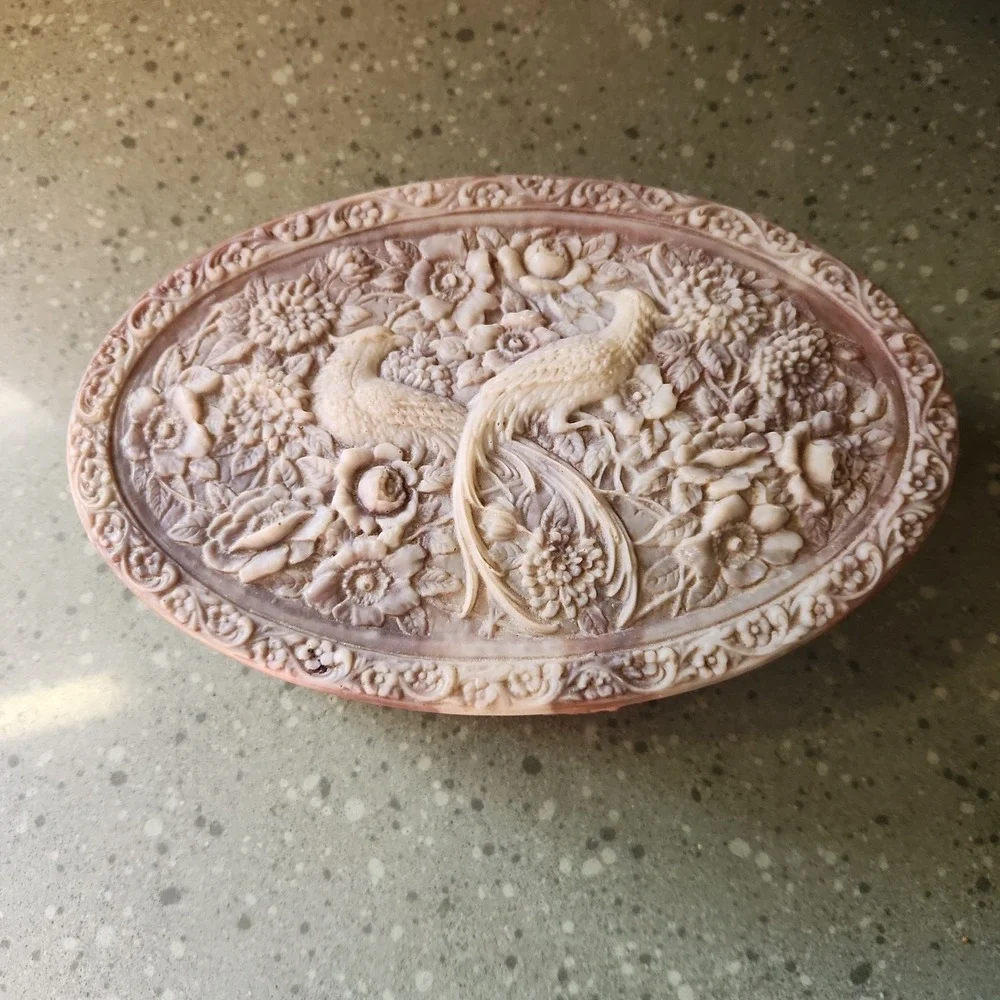 VTG Pink Incolay Stone Jewelry Box Birds of Paradise Pheasant Peacock, READ